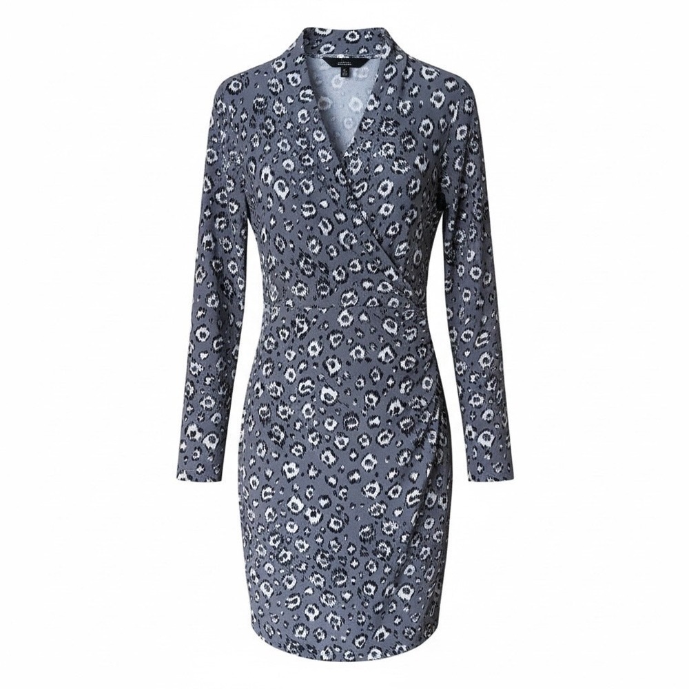 Norma Kamali Gray Leopard Faux Wrap Stretch Knit Dress V-Neck Ruched Size M‎